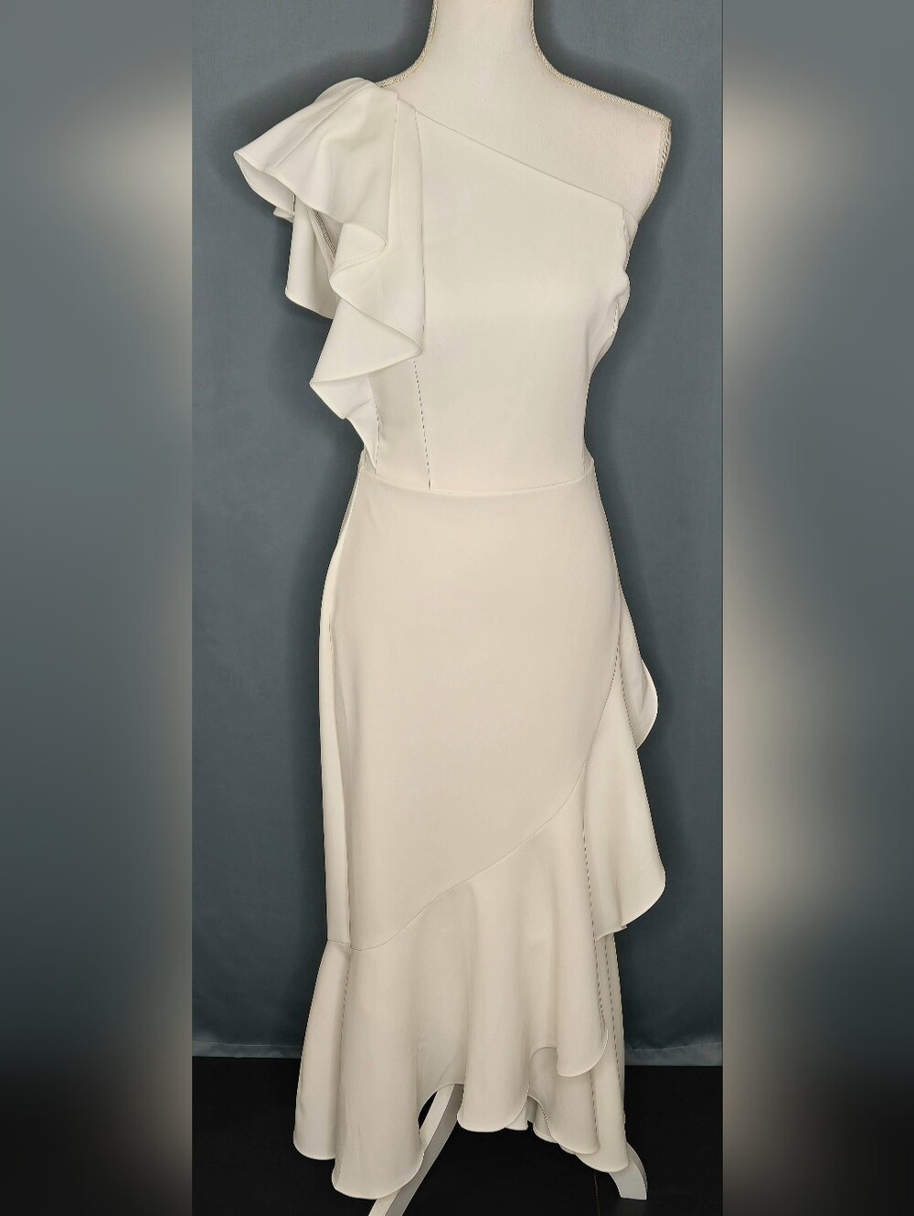 WHBM Ecru One Shoulder Ruffle Asymmetrical Midi Formal Wedding Guest Dress NWT 4